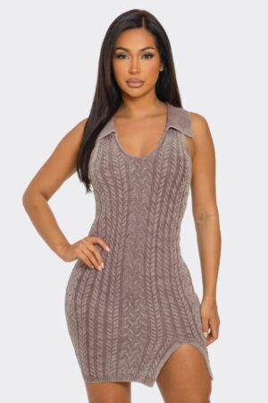 Mineral Wash Bodycon Dress with Collared Neckline