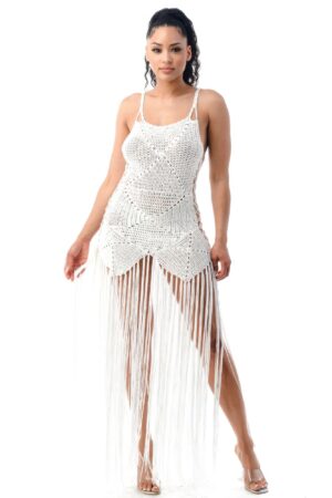 Crochet Dress with Fringe and Adjustable Drawstring
