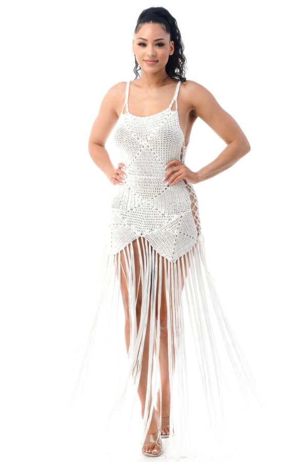 Crochet Dress with Fringe and Adjustable Drawstring