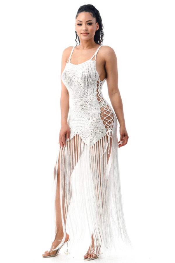 Crochet Dress with Fringe and Adjustable Drawstring