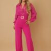 Crochet-Detail Woven Jumpsuit with Buckle Belt