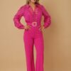 Crochet-Detail Woven Jumpsuit with Buckle Belt