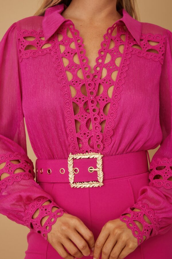 Crochet-Detail Woven Jumpsuit with Buckle Belt