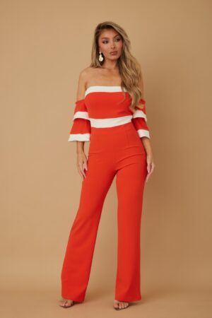 Off-Shoulder Jumpsuit with Layered Sleeves – Black and White