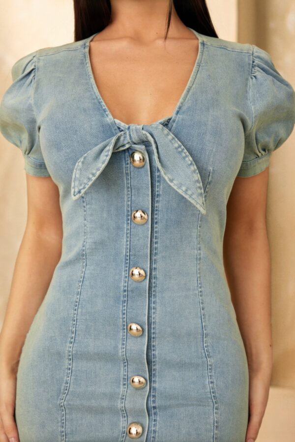 Puff-Sleeve Button-Up Short Dress with Ribbon Trim