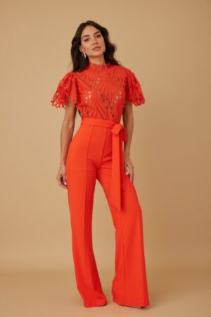 Crochet Cap-Sleeve Jumpsuit with Belted Waist