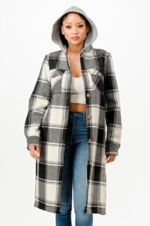 Hooded Plaid Coat – Button Front