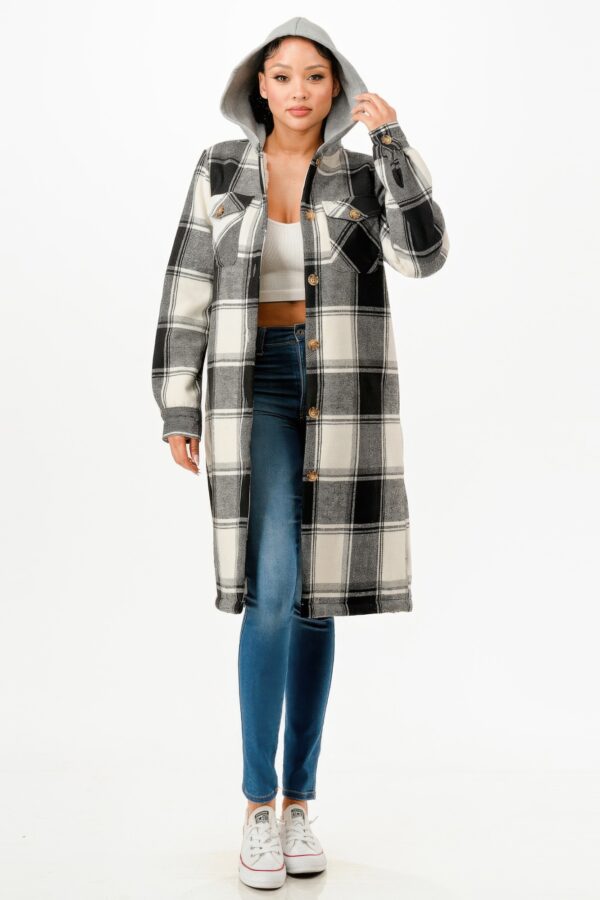 Hooded Plaid Coat – Button Front