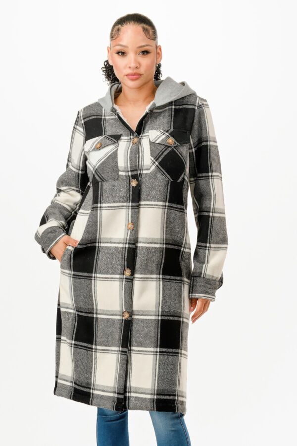 Hooded Plaid Coat – Button Front