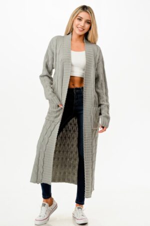 Long Cable-Knit Open-Front Cardigan with Stretch