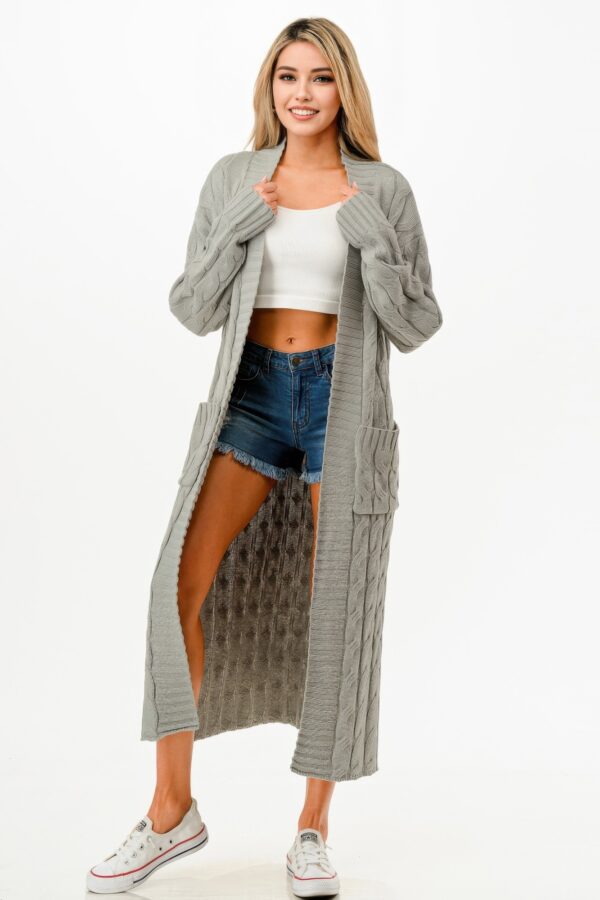 Long Cable-Knit Open-Front Cardigan with Stretch