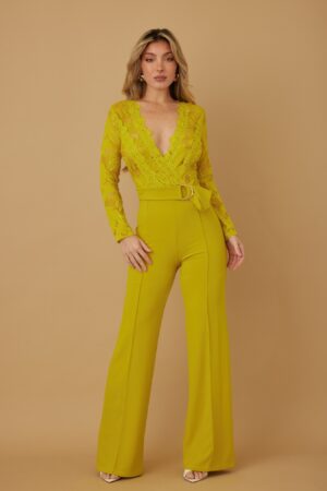 Lace Crochet Long-Sleeve Jumpsuit with D-Ring Belt
