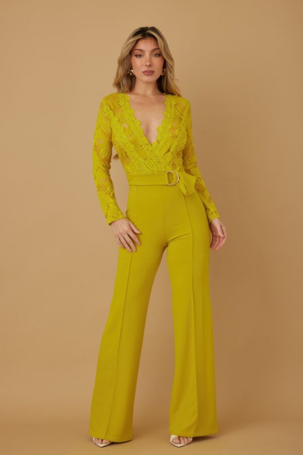 Lace Crochet Long-Sleeve Jumpsuit with D-Ring Belt