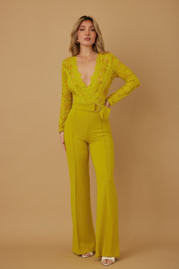 Lace Crochet Long-Sleeve Jumpsuit with D-Ring Belt