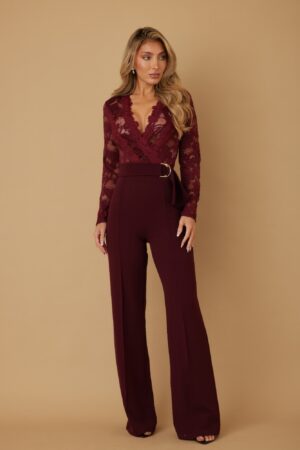 Crochet Lace Long-Sleeve Jumpsuit with Flared Leg