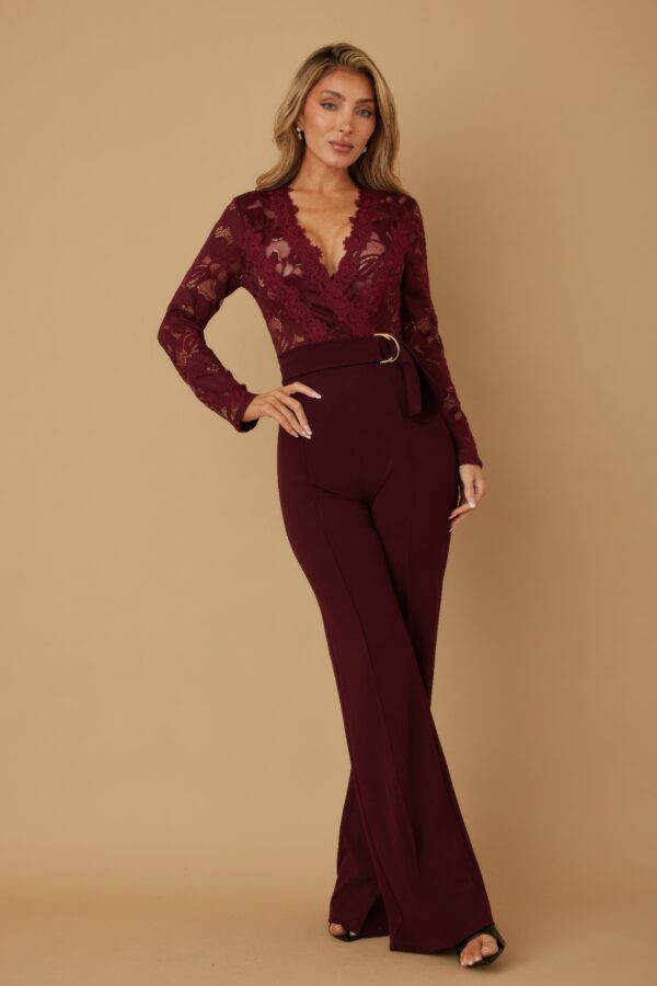 Crochet Lace Long-Sleeve Jumpsuit with Flared Leg