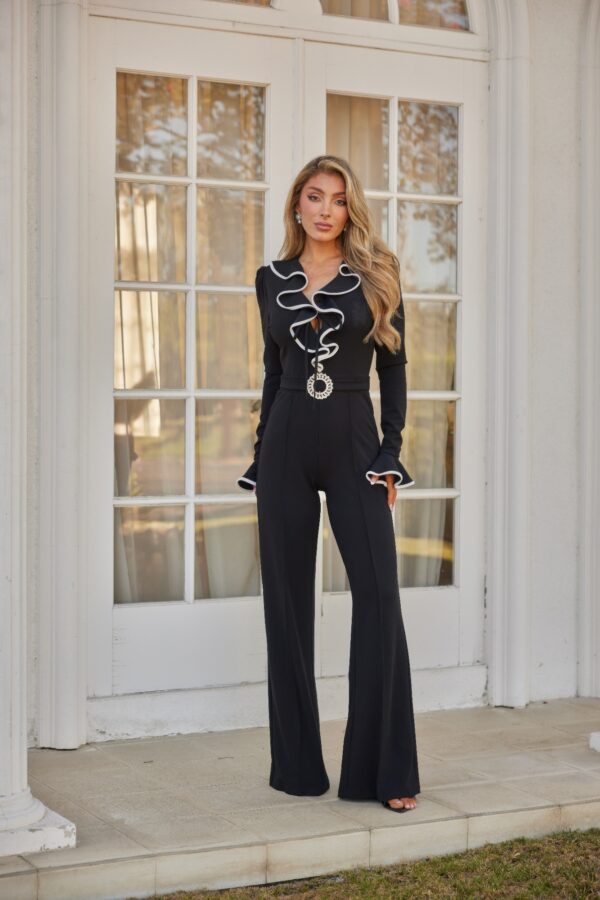 Ruffle-Detail Long Sleeve Jumpsuit with Crystal Buckle