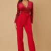 Stretch Velvet Jumpsuit with Wrap V-Neck