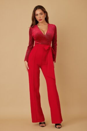 Stretch Velvet Jumpsuit with Wrap V-Neck