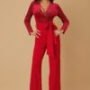 Stretch Velvet Jumpsuit with Wrap V-Neck