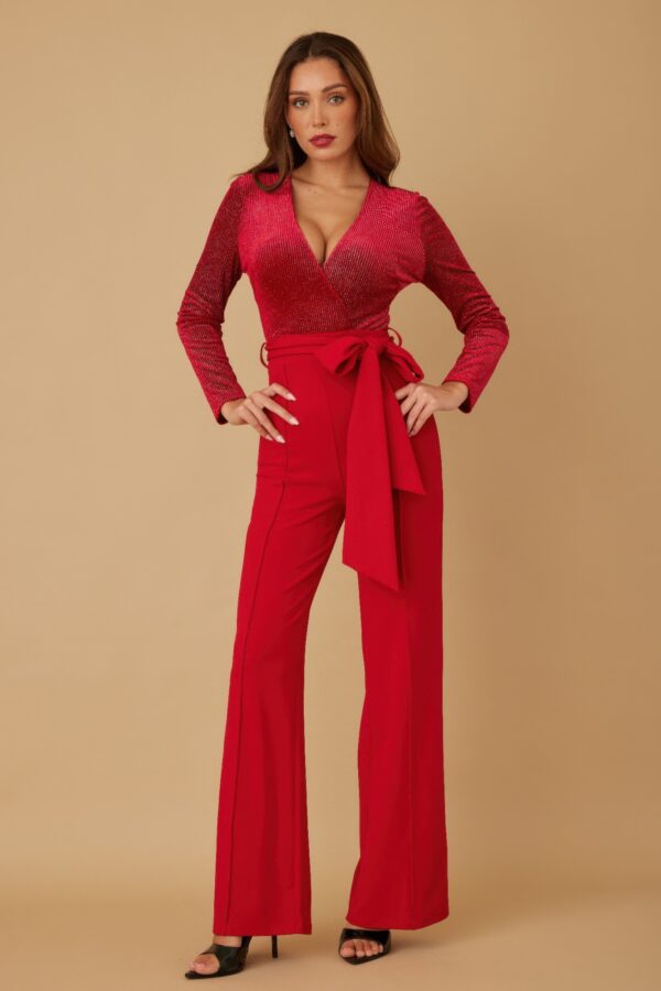Stretch Velvet Jumpsuit with Wrap V-Neck
