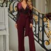 Velvet-Effect Wrap Jumpsuit with Flared Legs