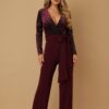 Velvet-Effect Wrap Jumpsuit with Flared Legs