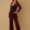 Velvet-Effect Wrap Jumpsuit with Flared Legs