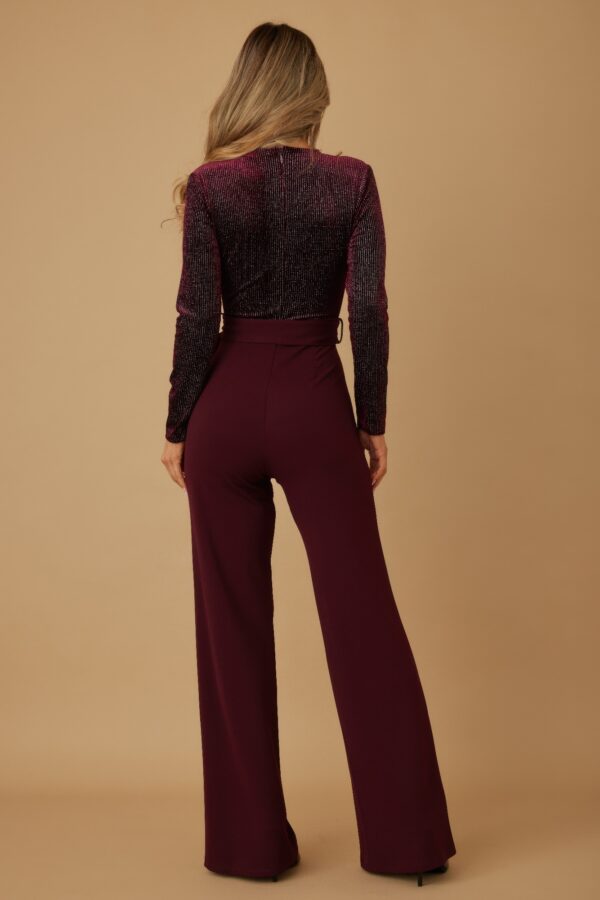 Velvet-Effect Wrap Jumpsuit with Flared Legs