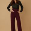 High-Waist Pants with Buckle Belt – Flared Leg