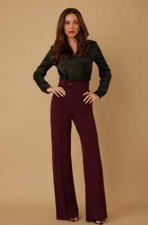 High-Waist Pants with Buckle Belt – Flared Leg