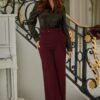 High-Waist Pants with Buckle Belt – Flared Leg