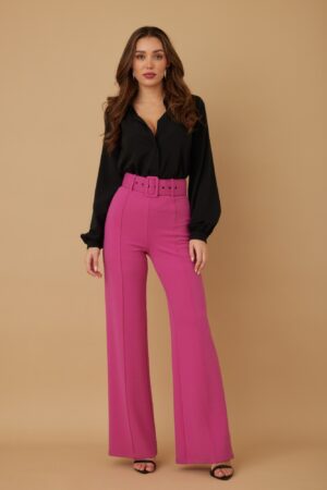 High Waist Flared Pants with Buckle Belt