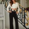High-Waist Fashion Pants with Gold Buckle Detail
