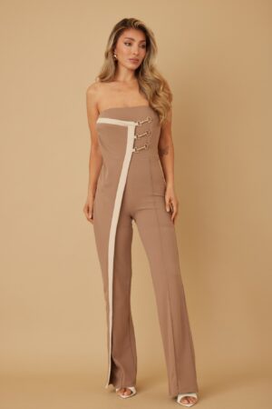Draped Flap Strapless Jumpsuit with Chain Detail