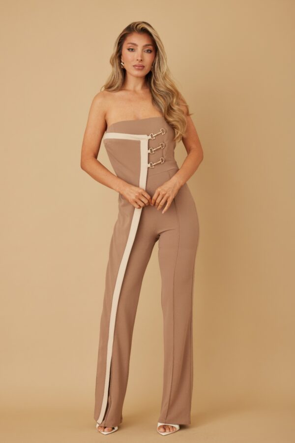 Draped Flap Strapless Jumpsuit with Chain Detail