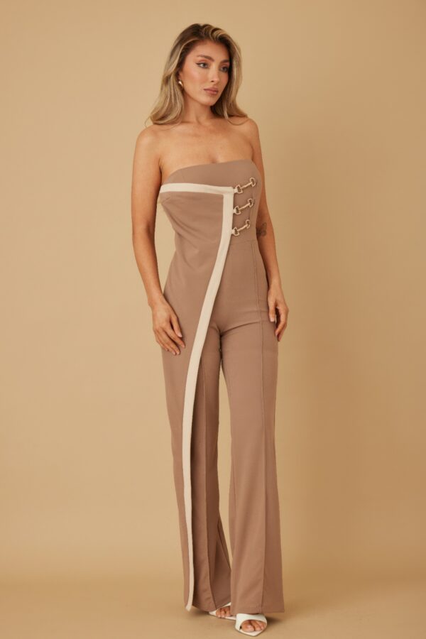 Draped Flap Strapless Jumpsuit with Chain Detail