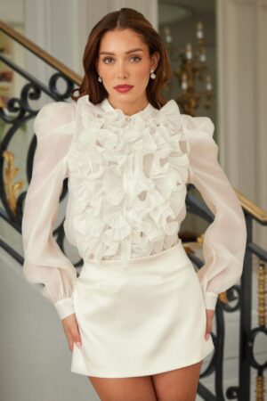 Ruffle Micro Crystal Long-Sleeve Blouse with Puff Shoulders