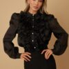 Sheer Ruffle Blouse with Micro Crystal Buttons