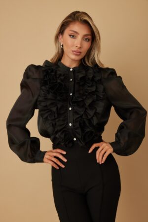 Sheer Ruffle Blouse with Micro Crystal Buttons