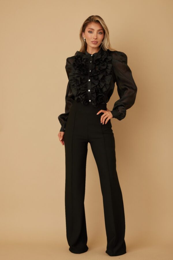 Sheer Ruffle Blouse with Micro Crystal Buttons