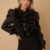 Sheer Ruffle Blouse with Micro Crystal Buttons