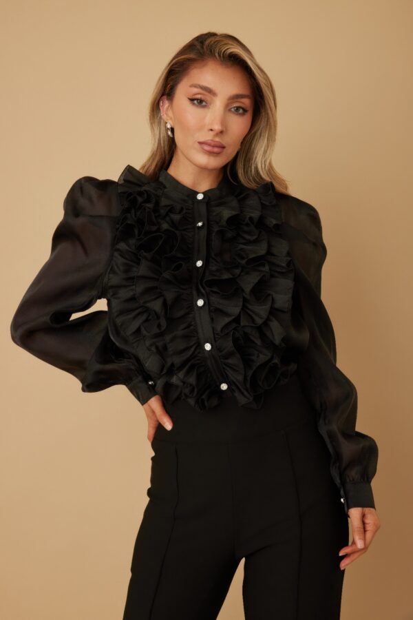 Sheer Ruffle Blouse with Micro Crystal Buttons