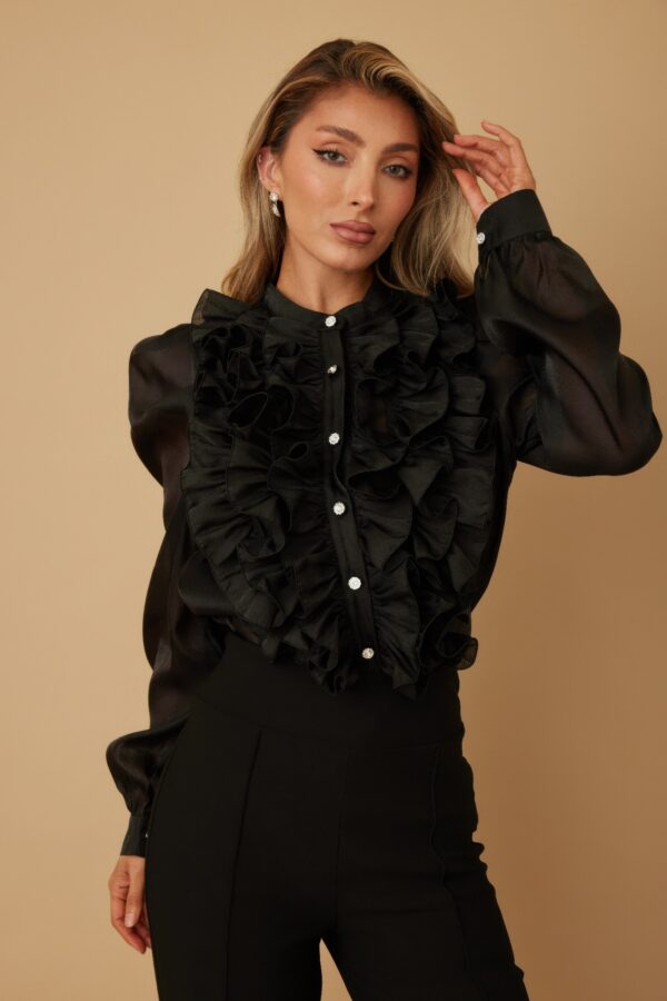 Sheer Ruffle Blouse with Micro Crystal Buttons