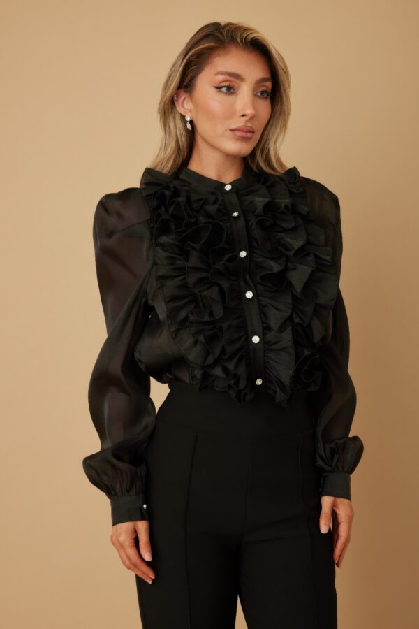 Sheer Ruffle Blouse with Micro Crystal Buttons