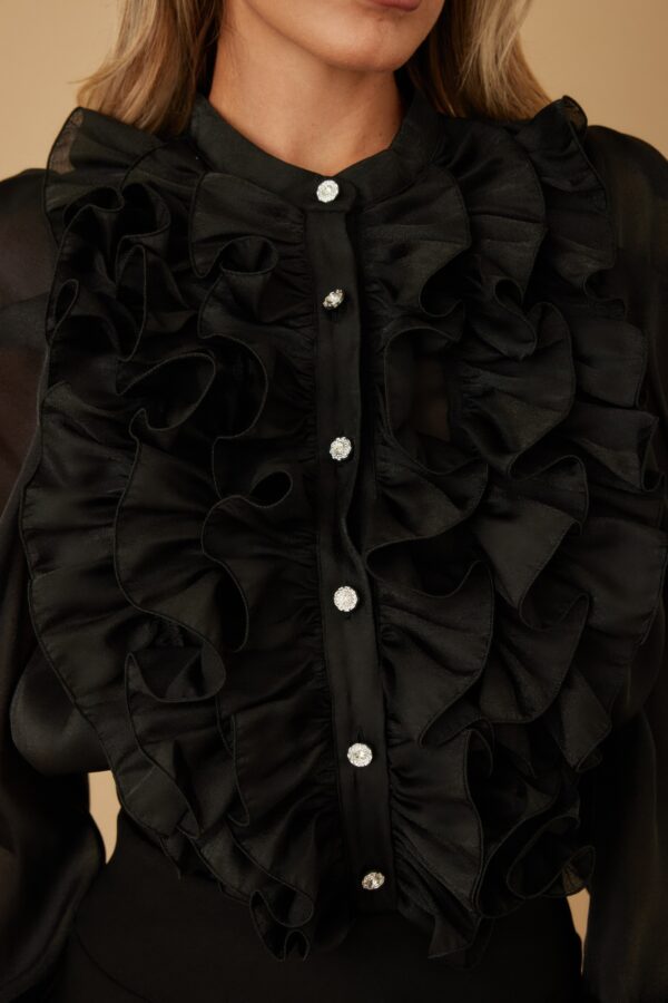 Sheer Ruffle Blouse with Micro Crystal Buttons