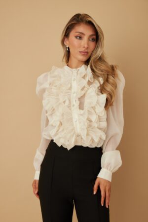 Ruffle Micro Crystal Long Sleeve Blouse – Puff Shoulders