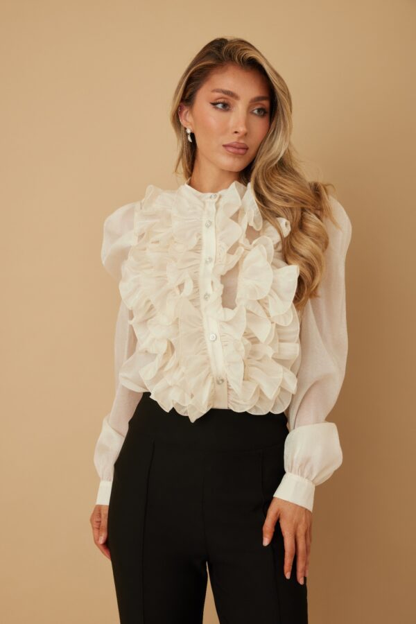 Ruffle Micro Crystal Long Sleeve Blouse – Puff Shoulders