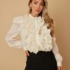 Ruffle Micro Crystal Long Sleeve Blouse – Puff Shoulders