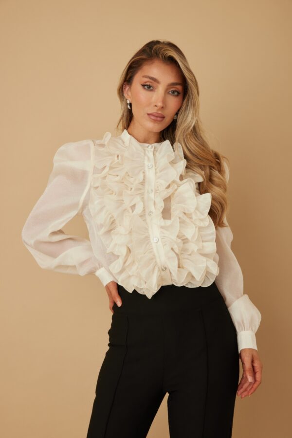 Ruffle Micro Crystal Long Sleeve Blouse – Puff Shoulders